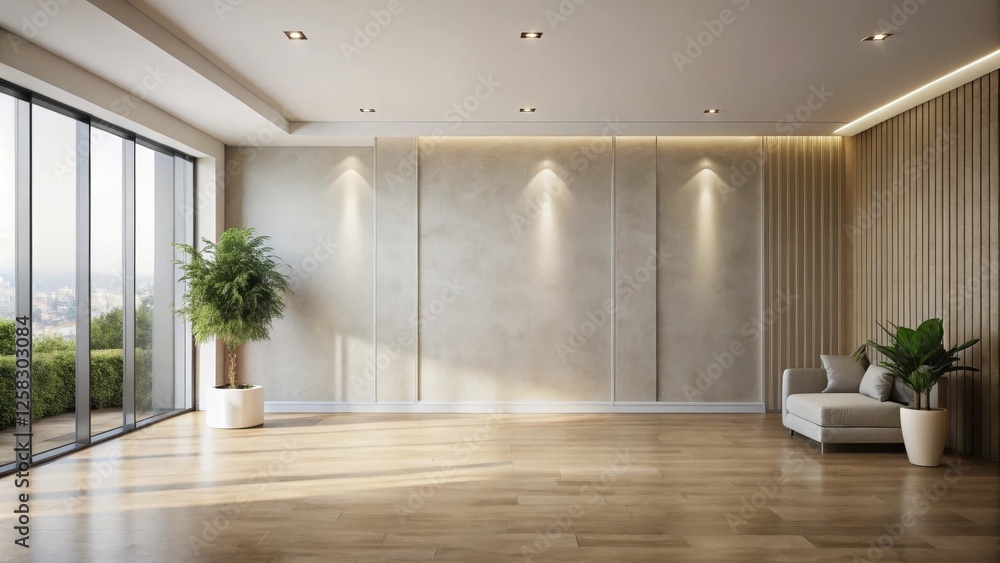 Obraz premium Modern minimalist living room interior design with neutral tones and natural light