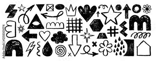 Pencil shape, line, figure hand drawn vector set. Brush texture scribble arrow, star, heart. Vector crayon stroke element. Pen sketch mark underline emphasis set. Line chalk shape. Abstract doodle bg