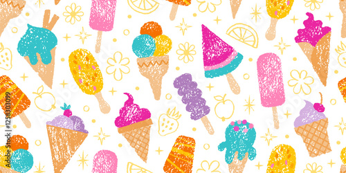 Ice cream pattern. Vector seamless background. Cute summer crayon icecream drawing. Sweet fruit cone. Watercolor popsicle gelato sundae seamless pattern with kid crayon texture. Ice cream bg design