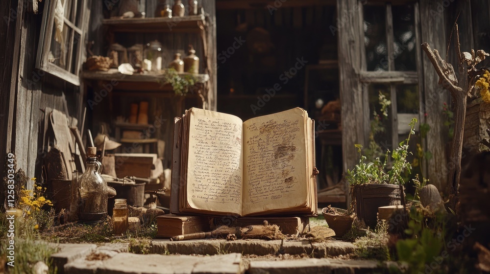 Obraz premium Open spellbook, rustic shed, alchemy, sunlight, fantasy, outdoor, magical, herbs, storytelling, book