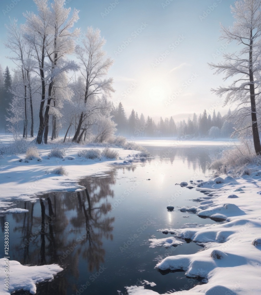 Frosty landscape with snow-covered trees and a frozen lake in the background, icy calm, serene landscape, snowy scenery Frosty landscape with snow-covered trees and a frozen lake in the background, icy calm, serene landscape, snowy scenery