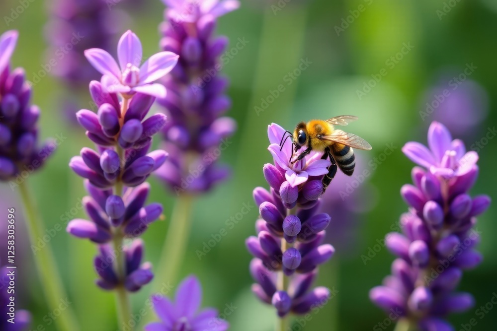 Bees buzzing around a patch of purple lavender with beeswax, garden, insects Bees buzzing around a patch of purple lavender with beeswax, garden, insects