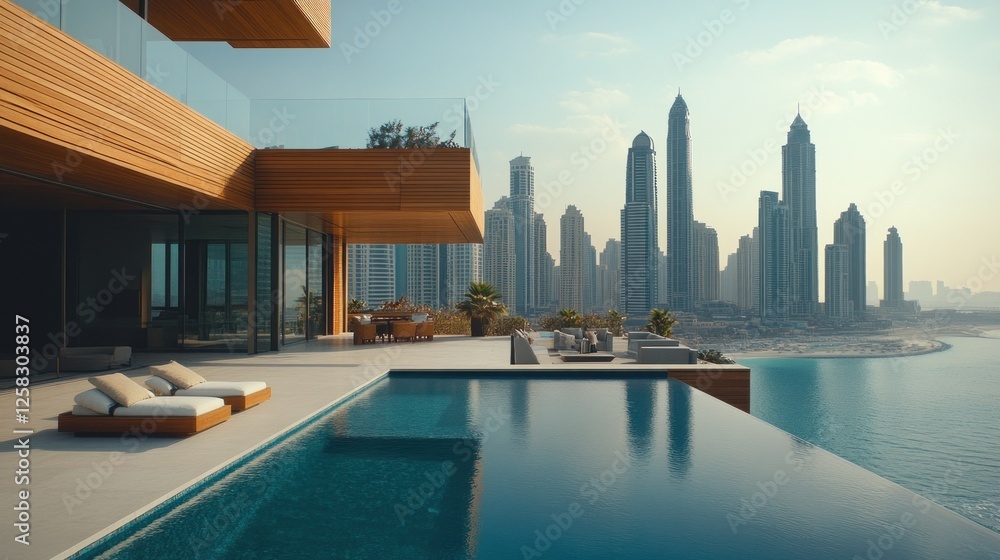 Obraz premium Modern villa, infinity pool, city skyline, sunrise, luxury real estate