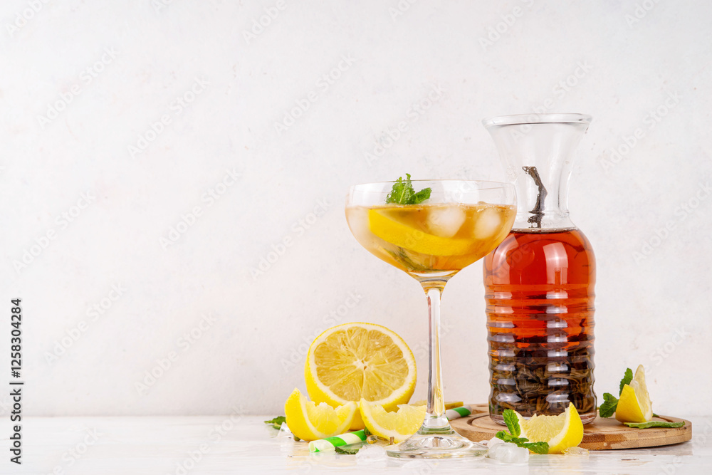 Fototapeta premium Infused tasty iced tea cocktails martini cocktail with lemon and mint, tasty refreshing non-alcohol mocktail on white wooden table background