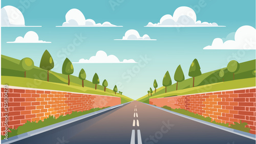 レンガ壁のある道、道路のイラスト