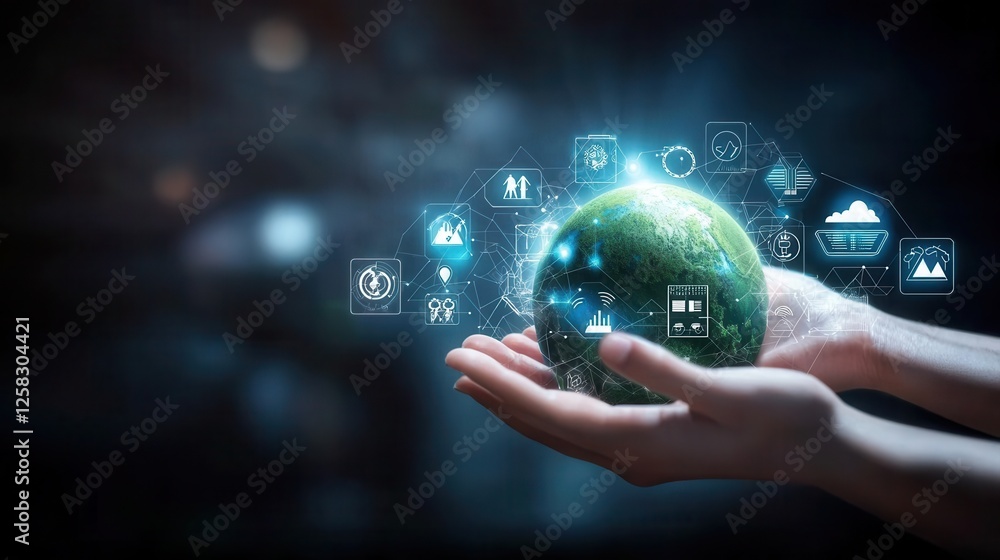 A person holds a glowing globe surrounded by digital icons, symbolizing sustainability, technology, and environmental awareness. A person holds a glowing globe surrounded by digital icons, symbolizing sustainability, technology, and environmental awareness.