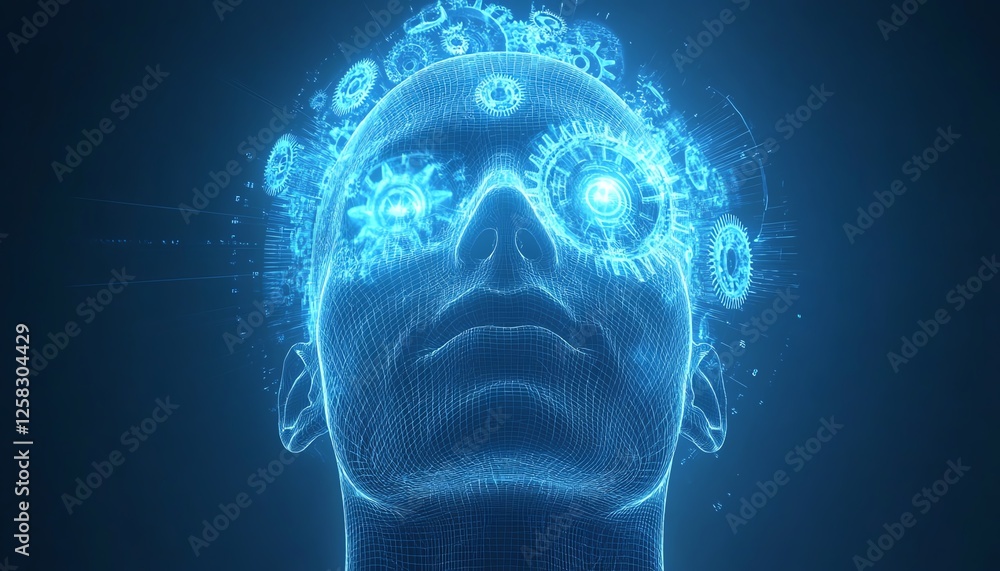 Human head with gears turning inside, blue glowing background, sleek futuristic tech elements, highdetail digital illustration Human head with gears turning inside, blue glowing background, sleek futuristic tech elements, highdetail digital illustration