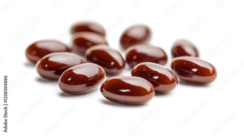 Brown capsules scattered on white background. Health supplement image Brown capsules scattered on white background. Health supplement image