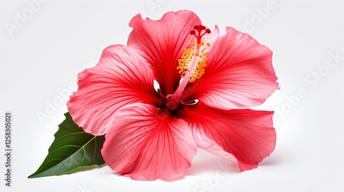 Vibrant Hibiscus Flower with Green Leaf on White Background