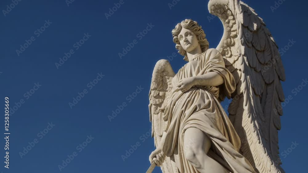 A breathtaking angel statue stands elegantly and gracefully beneath a stunningly clear blue sky above A breathtaking angel statue stands elegantly and gracefully beneath a stunningly clear blue sky above