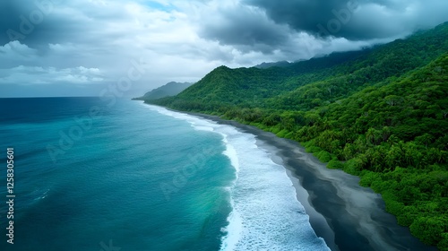 Serene Coastal Landscape with Lush Green Mountains and Ocean View