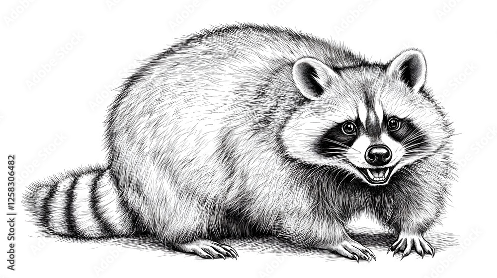 Naklejka premium Realistic Black and White Drawing of a Raccoon with Detailed Fur