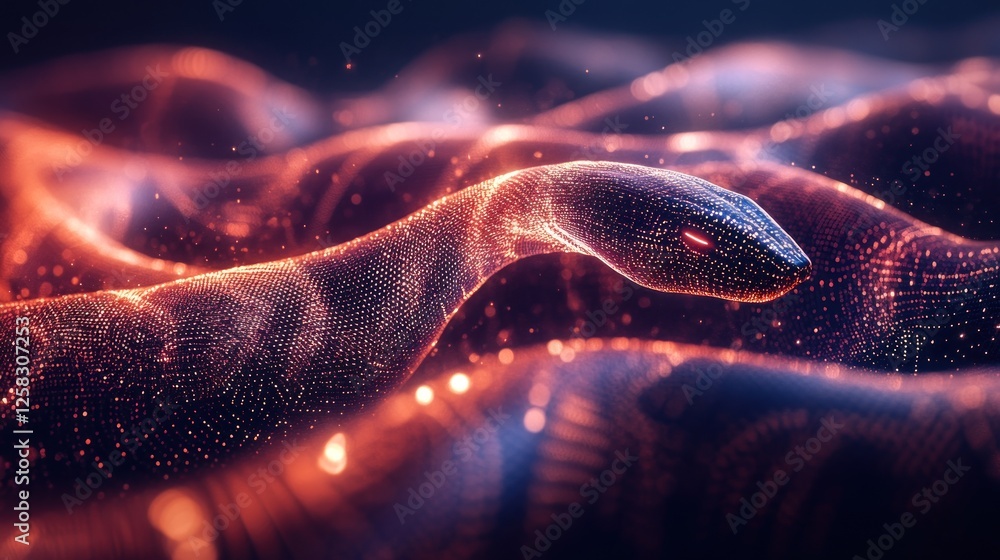 Digital snake slithering, fiery landscape, tech background, cybersecurity concept Digital snake slithering, fiery landscape, tech background, cybersecurity concept
