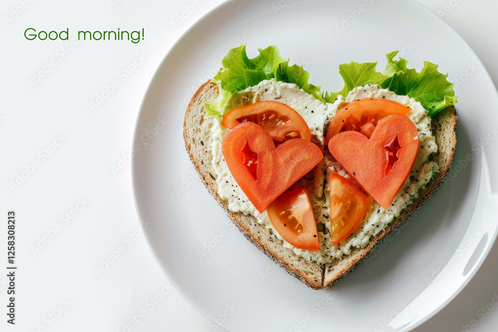 a heart-shaped sandwich on a white plate, a symbol of caring and lovingly prepared breakfast a heart-shaped sandwich on a white plate, a symbol of caring and lovingly prepared breakfast