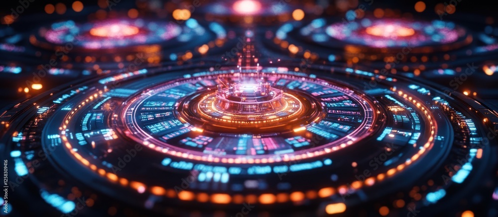 custom made wallpaper toronto digitalFuturistic tech interface glows; vibrant digital circles, background blur; UI design