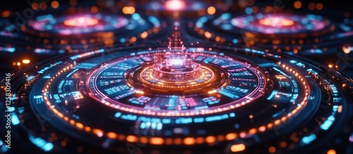 Wallpaper Mural Futuristic tech interface glows; vibrant digital circles, background blur; UI design Torontodigital.ca