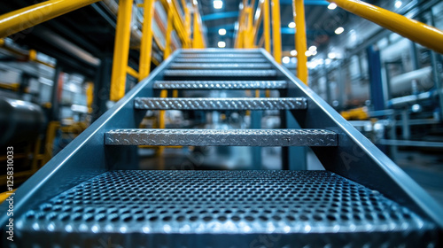 Metal staircase leading to a mezzanine in a high-tech industrial facility