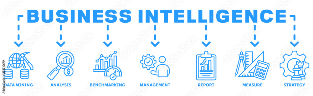 Business Intelligence banner web icon vector illustration concept with icon of data mining, analysis, Strategy, measurement, benchmarking, report and management Business Intelligence banner web icon vector illustration concept with icon of data mining, analysis, Strategy, measurement, benchmarking, report and management
