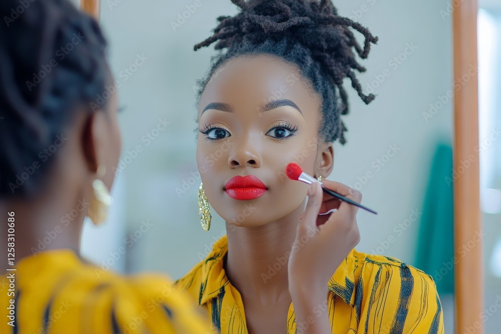 Fototapeta premium Woman applying bright red lipstick while dressed in a vibrant striped yellow shirt in a well-lit room