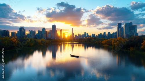 Wallpaper Mural Boat on water with city skyline at night in a serene urban landscape captured in high fidelity Torontodigital.ca