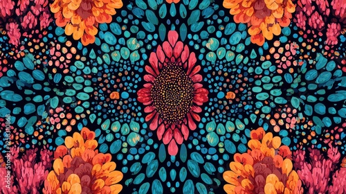 Vibrant Floral Pattern with Colorful Flowers and Leaves Background