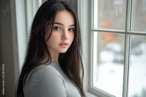 Young woman gazes thoughtfully out a window in a cozy room during winter while snow falls outside Free Download Young woman gazes thoughtfully out a window in a cozy room during winter while snow falls outside - GFXLoad