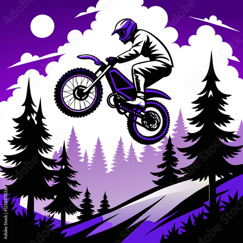 A motocross rider executes a daring jump over a natural terrain feature, showcasing skill and airborne action.  The setting is rugged and outdoors.