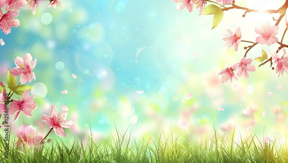 Cherry Blossom Tree Branches Over Bright Blue Sky Cherry Blossom Tree Branches Over Bright Blue Sky