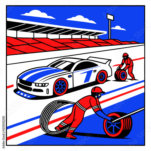 A high-action shot of a NASCAR pit crew executing a rapid tire change during a race, emphasizing the speed and teamwork.