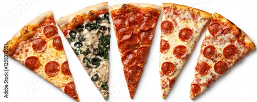 A colorful arrangement of five pizza slices featuring various toppings like pepperoni and vegetables.