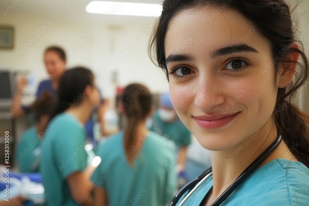 Fototapeta premium Confident young woman in scrubs beams with pride while her healthcare team collaborates in a busy medical environment. Generative AI