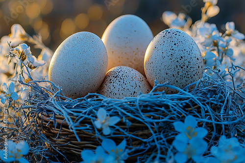 Four speckled eggs nestled in a rustic birds nest, surrounded by delicate blue flowers at sunset.  A perfect image for Easter, spring, or naturethemed projects. photo