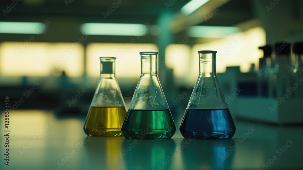 Lab experiment colorful liquids in Erlenmeyer flasks Lab experiment colorful liquids in Erlenmeyer flasks