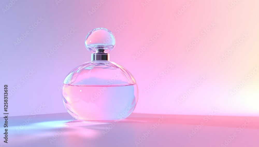 3D rendering of a glass perfume bottle on a gradient background. The color scheme is pink and blue. 3D rendering of a glass perfume bottle on a gradient background. The color scheme is pink and blue.