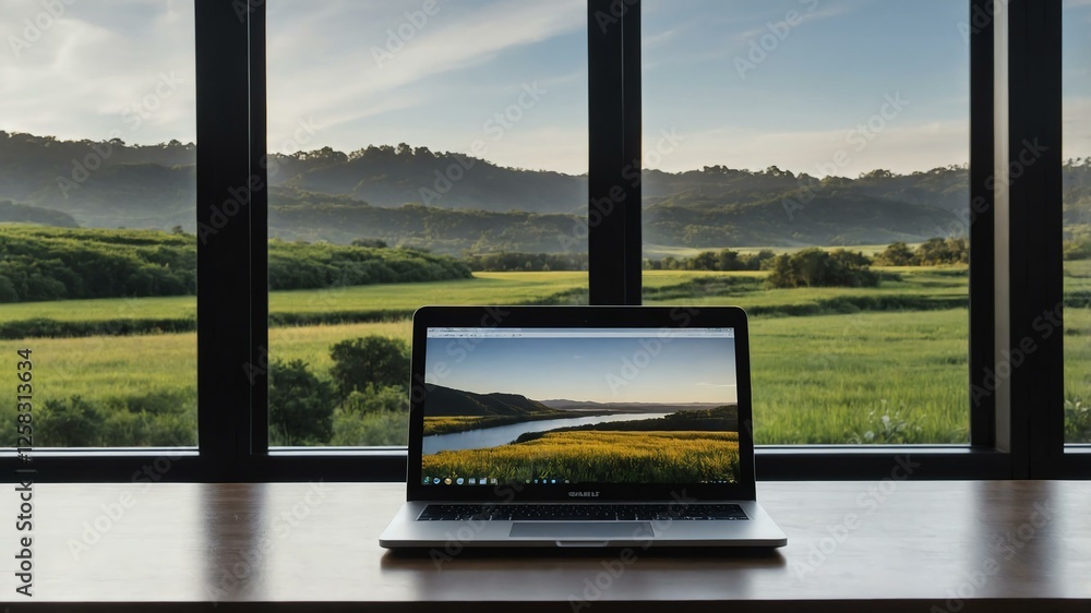 Fototapeta premium Laptop on table with scenic green landscape view.
