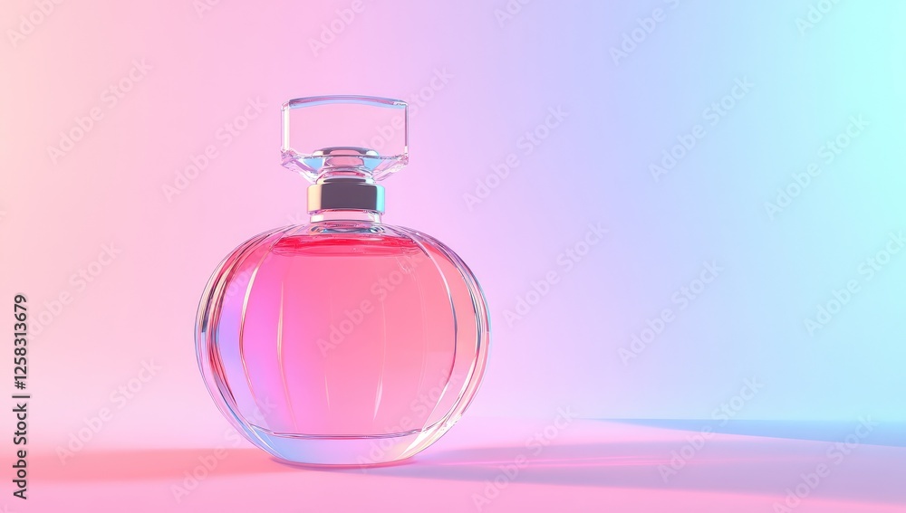 3D rendering of a glass perfume bottle on a gradient background. The color scheme is pink and blue. 3D rendering of a glass perfume bottle on a gradient background. The color scheme is pink and blue.
