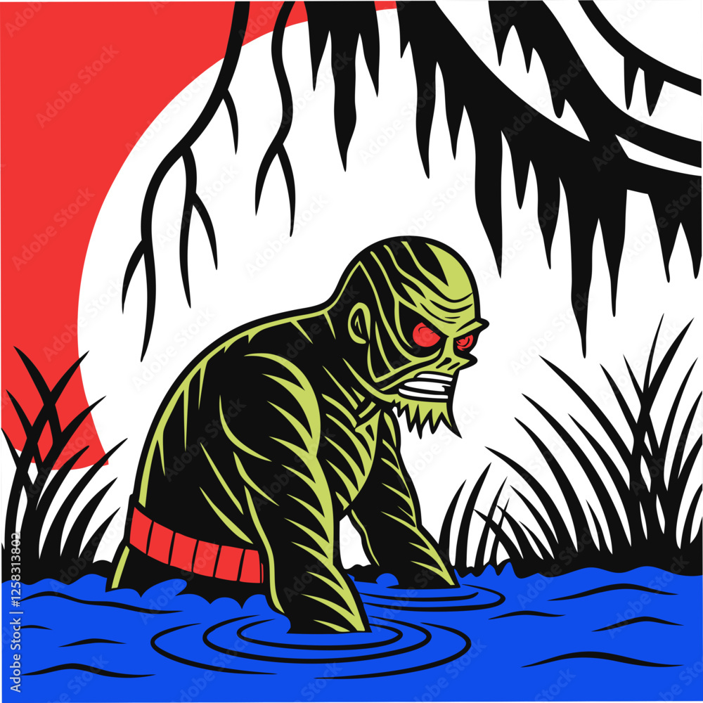 Obraz premium Render a swamp creature with slimy, green skin, sharp claws, and glowing red eyes, lurking in murky water.