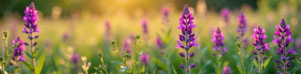 Obraz premium Salvia nemorosa flowers in a field of wildflowers, floral, wild sage