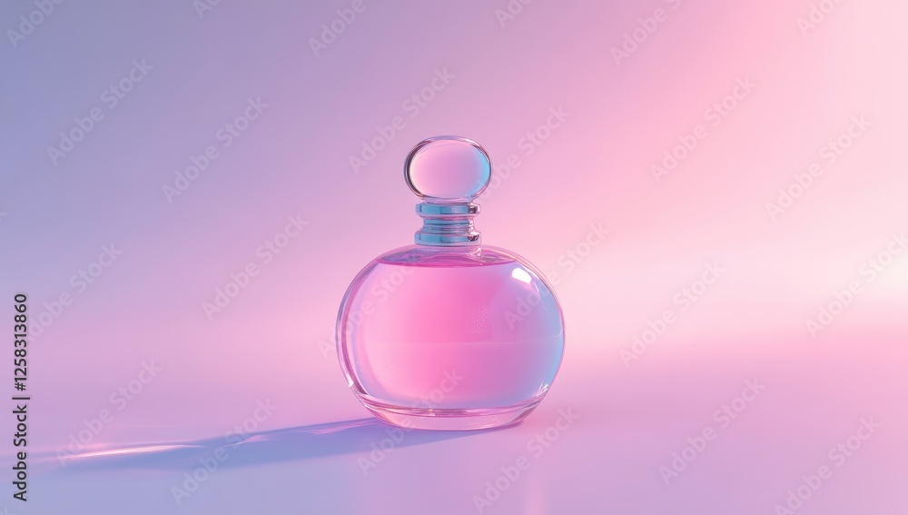 3D rendering of a glass perfume bottle on a gradient background. The color scheme is pink and blue. 3D rendering of a glass perfume bottle on a gradient background. The color scheme is pink and blue.