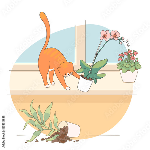 Domestic cat plays pranks at home. Funny and cozy vector illustration.