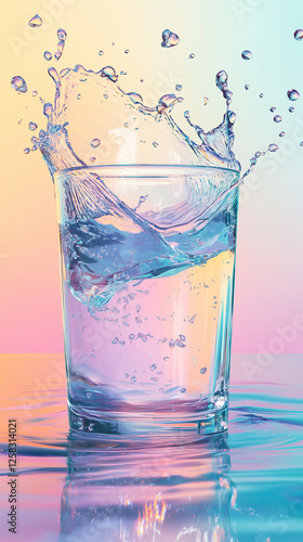 Glass of Water with Splash Effect on Neon Gradient Background – Hydration Concept, Refreshing Drink, Dynamic Water Illustration