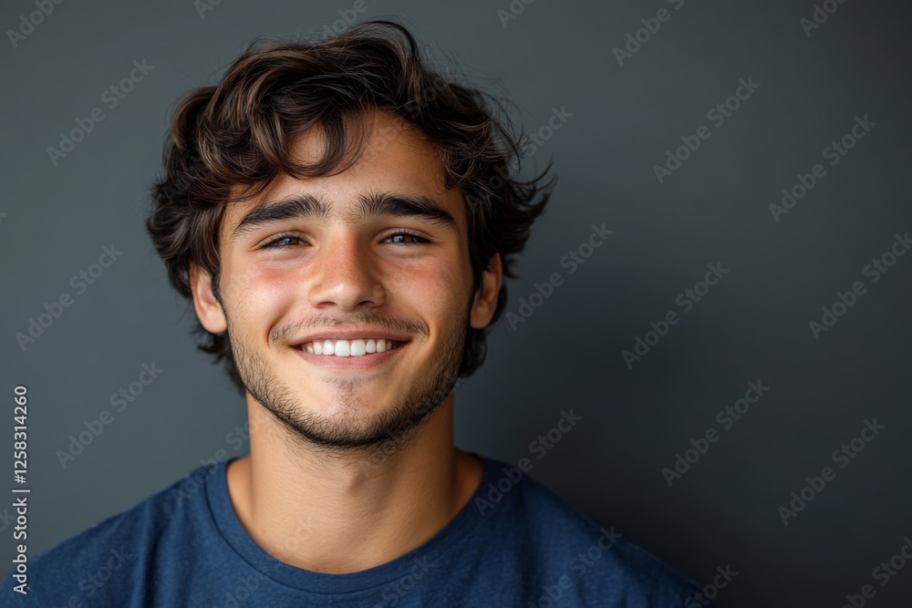 Fototapeta premium Young man smiles brightly against a dark background showcasing joy and positivity with a casual vibe
