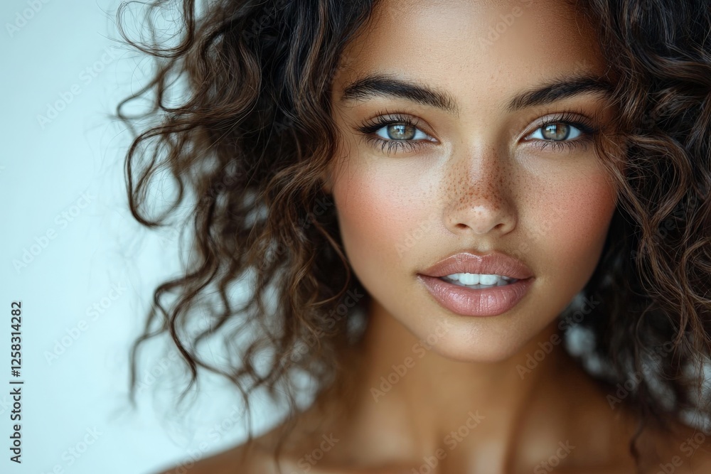 Portrait of a woman with curly hair and expressive eyes, showcasing natural beauty and vibrant features Portrait of a woman with curly hair and expressive eyes, showcasing natural beauty and vibrant features
