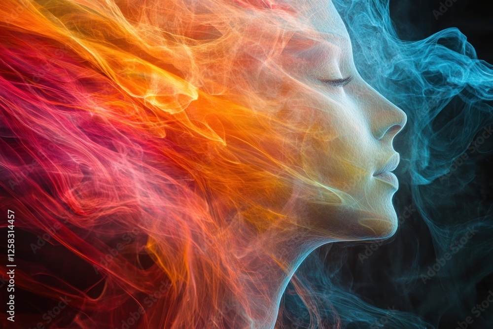 Obraz premium Woman, smoke, colorful, profile, energy, dark, background, abstract, art, concept