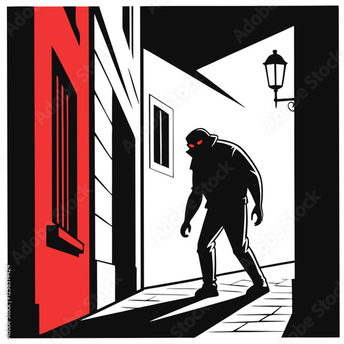 Render a terrifying shadowy humanoid figure, cloaked in darkness, possessing intensely glowing red eyes, detailed texture, cinematic lighting.