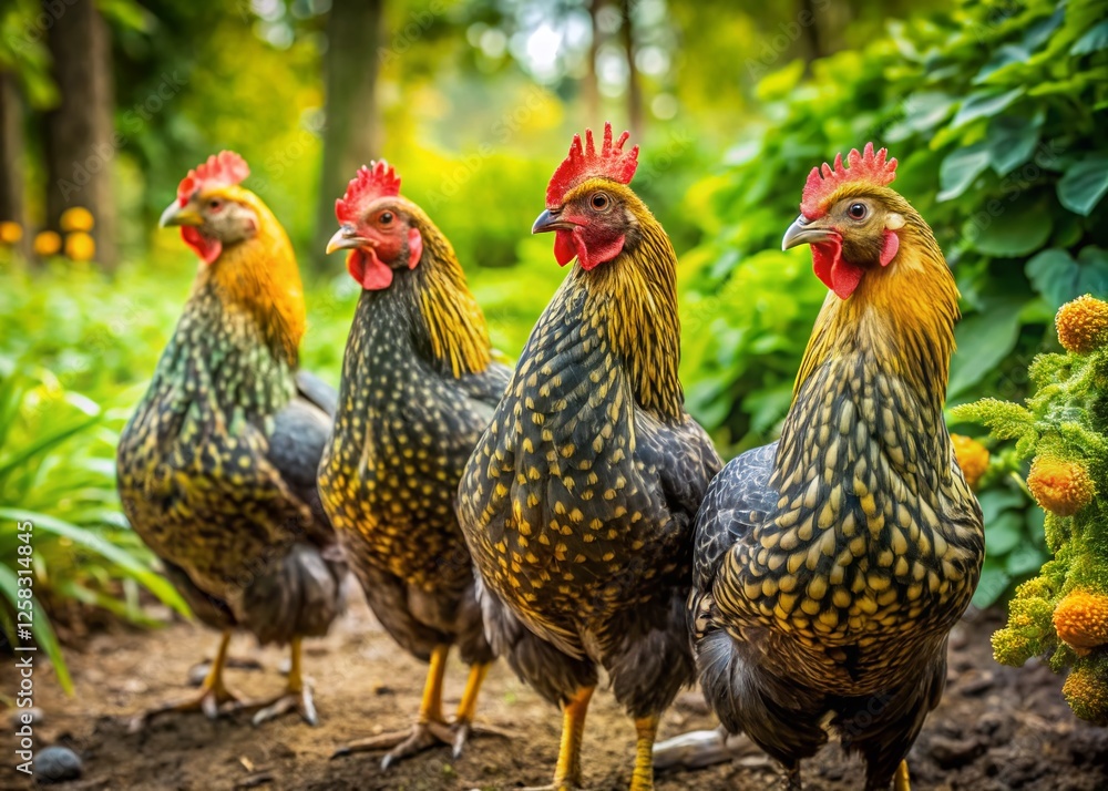 Fototapeta premium Organic Backyard Chickens: Black Yellow Laced Wyandotte Hens in a Row