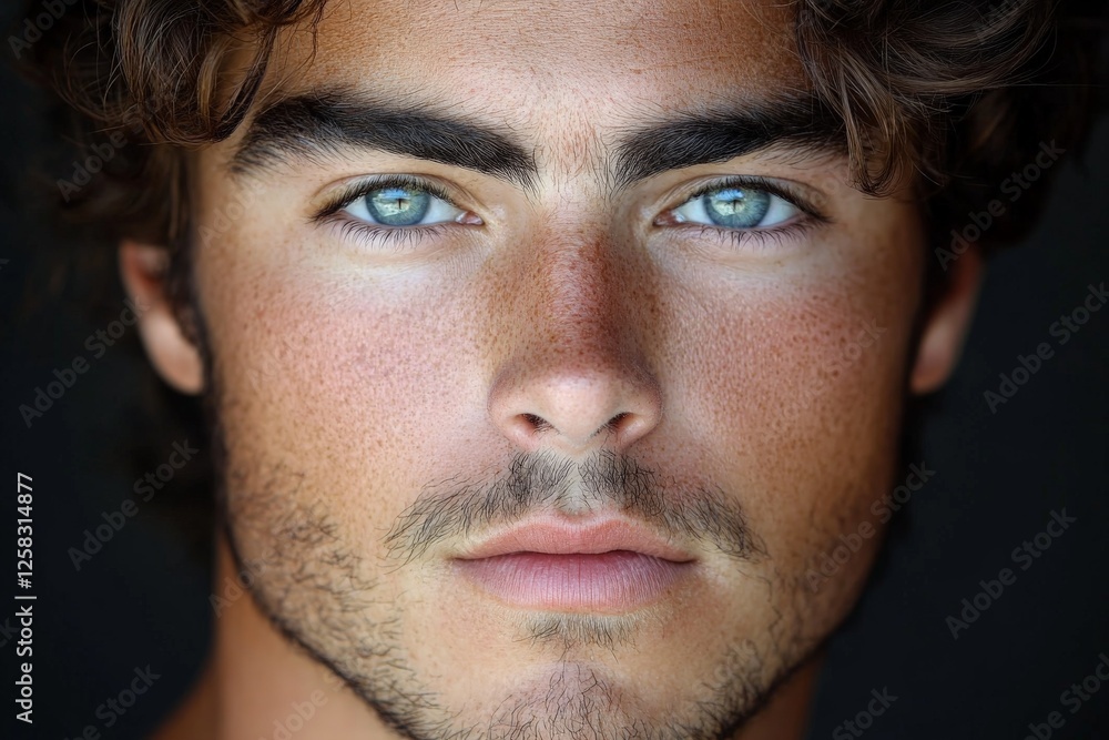 Obraz premium Young man with striking blue eyes and curly hair poses against a dark background
