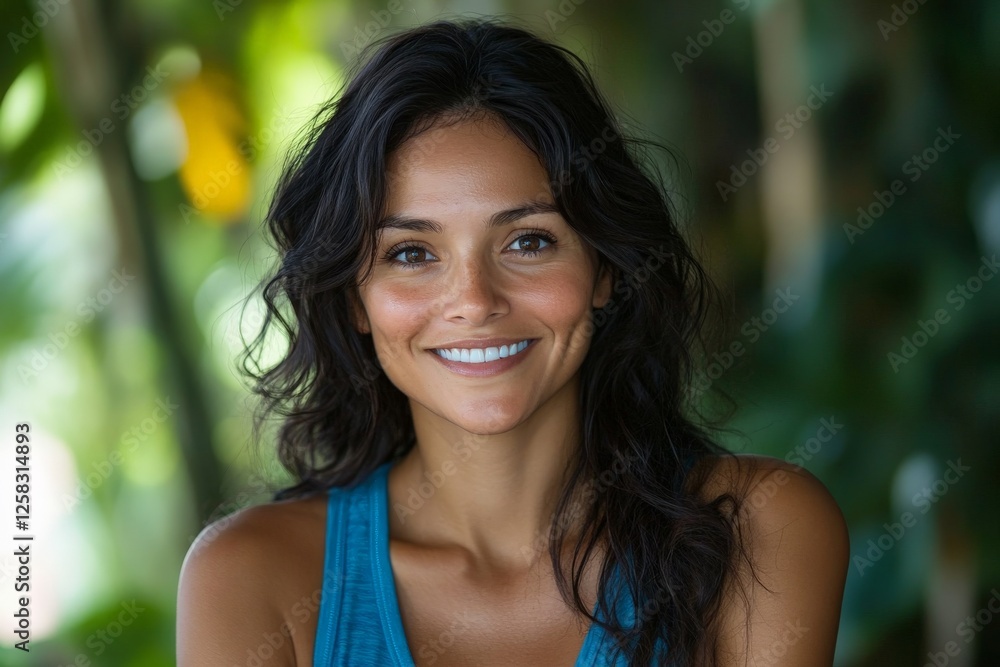 Smiling woman in casual tank top surrounded by lush greenery in a tropical environment Smiling woman in casual tank top surrounded by lush greenery in a tropical environment