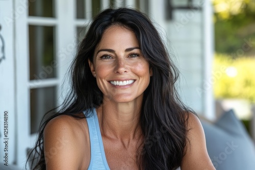 Free Download Smiling woman with long dark hair sitting outdoors in casual attire, enjoying a sunny day near a cozy home - GFXLoad