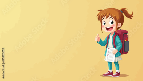 A vector illustration symbolizing education, childhood and new level. A young happy smiling schoolgirl takes another step in the learning process.